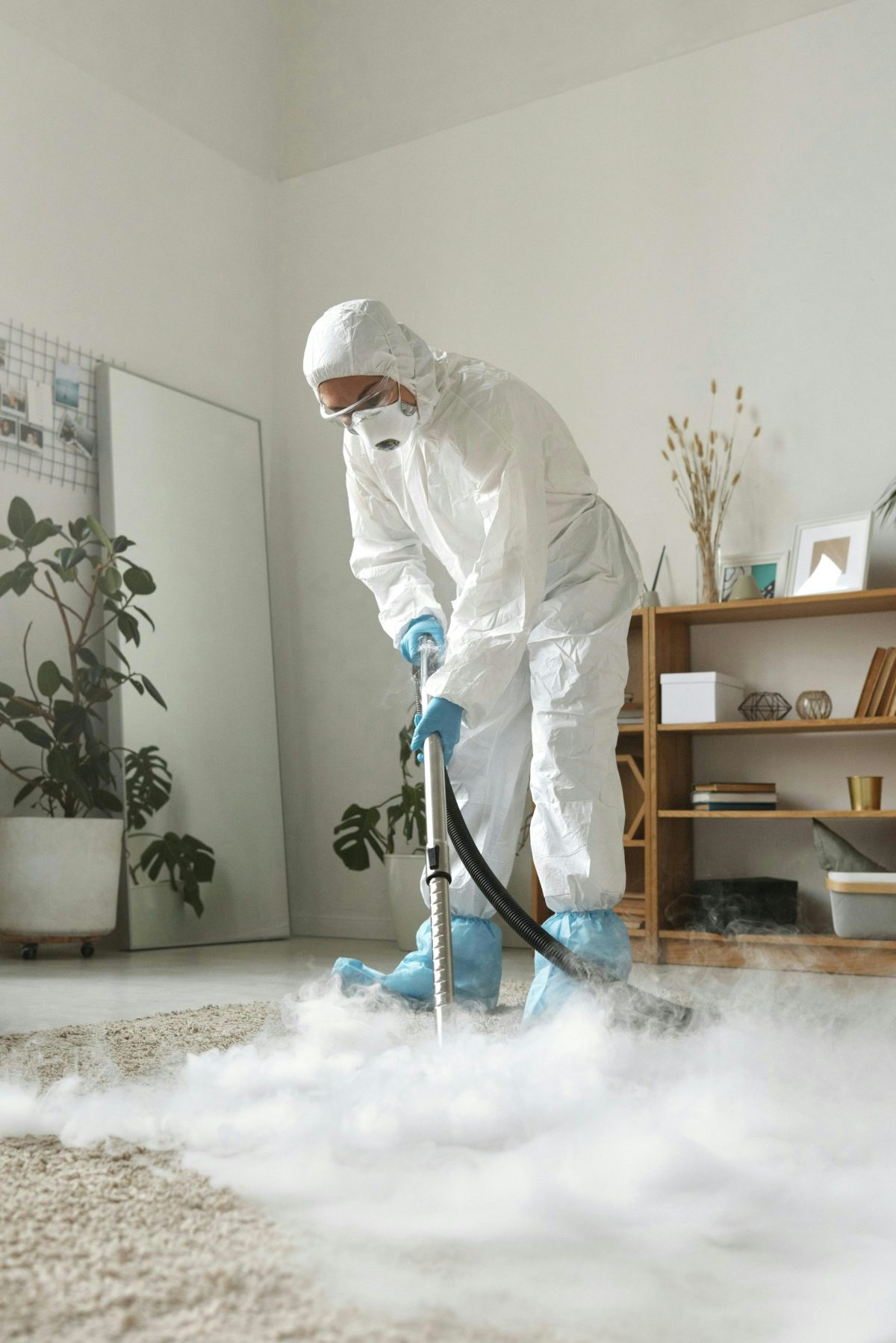 A person in protective suit cleans a carpet.