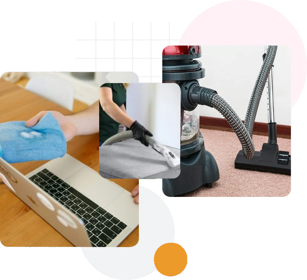 a woman in a green shirt and black gloves vacuuming a gray ottoman